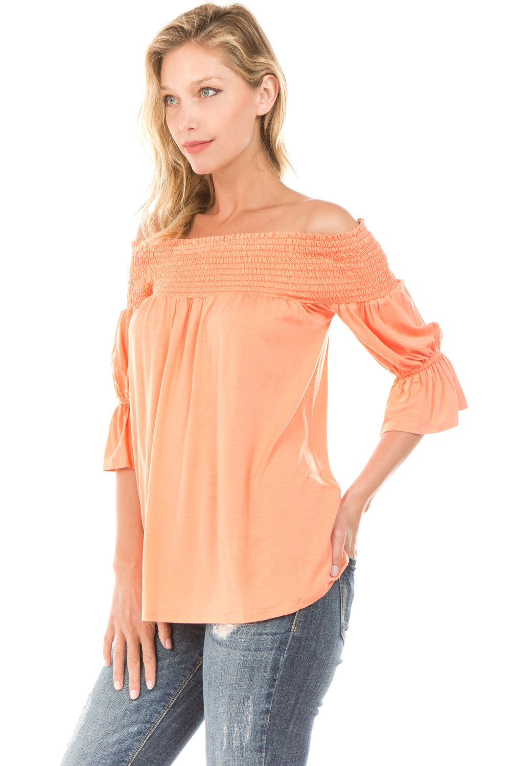 AUBREY OFF SHOULDER HALF SLEEVE TOP (MELON)- JT7101