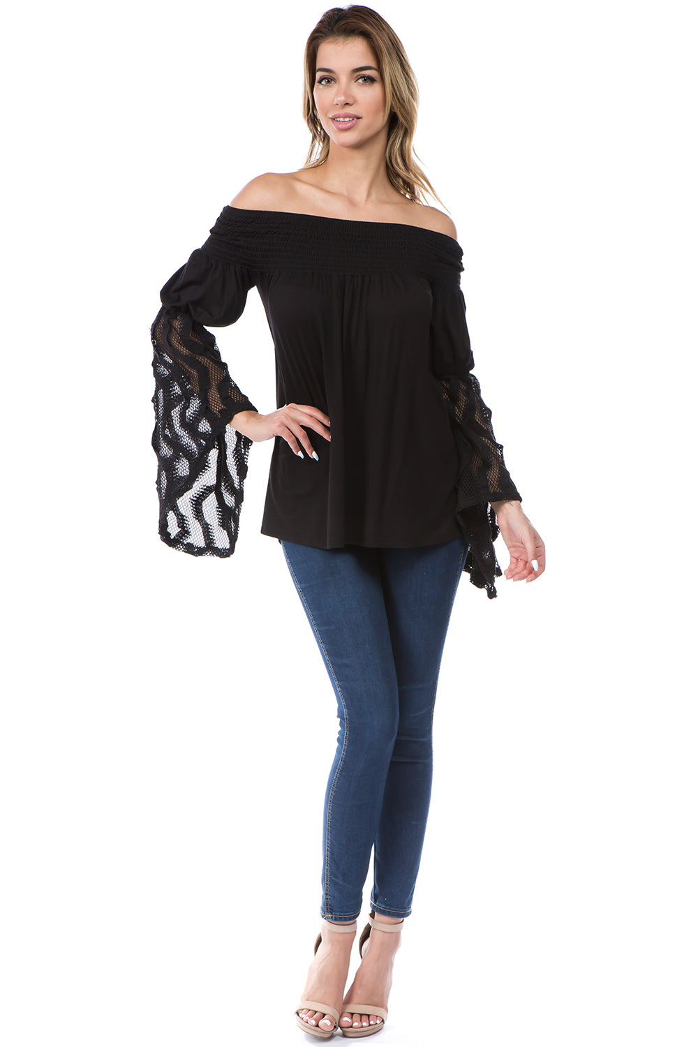 AUBREY LACE BELL SLEEVE OFF SHOULDER TOP (BLACK)- JT7510-WAVE