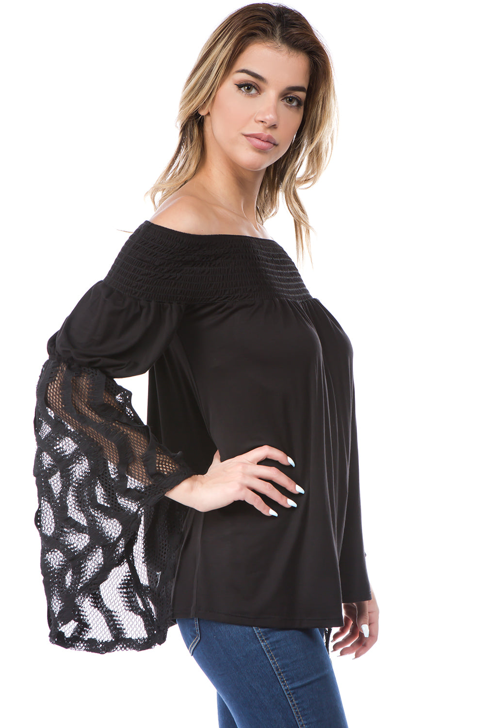 AUBREY LACE BELL SLEEVE OFF SHOULDER TOP (BLACK)- JT7510-WAVE