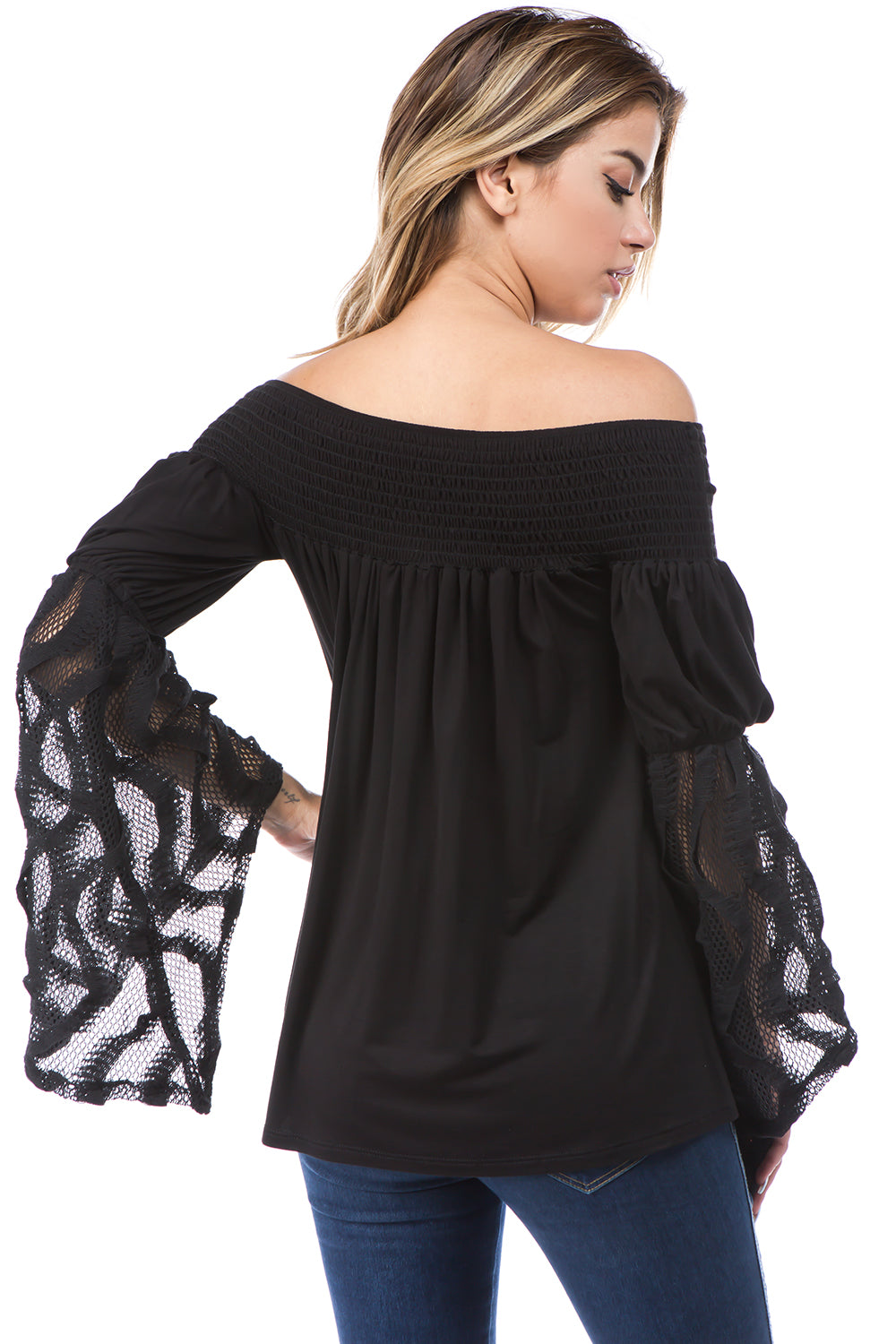 AUBREY LACE BELL SLEEVE OFF SHOULDER TOP (BLACK)- JT7510-WAVE