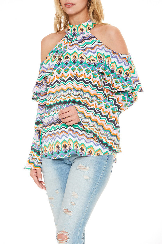 JULIET OPEN SHOULDER TOP (Multi Green)-VT2106