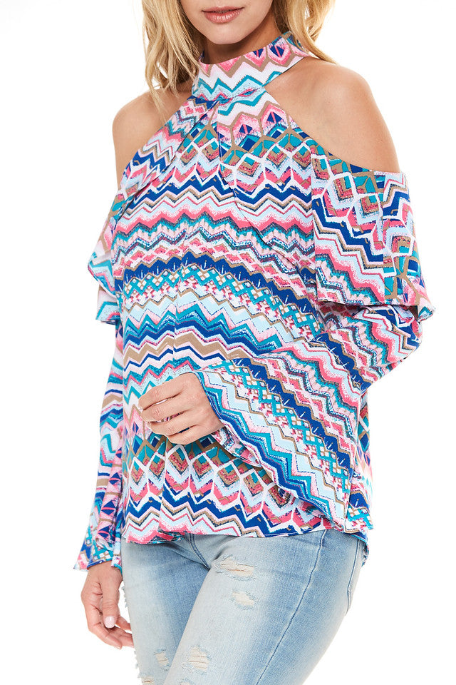 JULIET OPEN SHOULDER TOP (Multi Blue)-VT2106