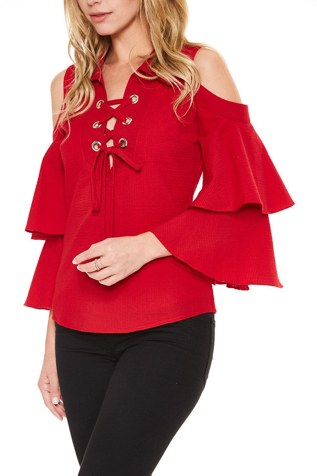 MABEL OPEN SHOULDER TOP (Red)-VT2059