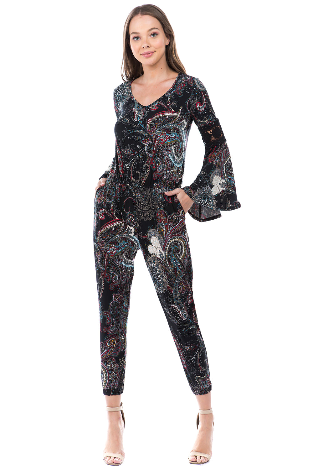 CATHY LONG SLEEVE JUMPSUIT (Black Multi) - VD2395-CATHY