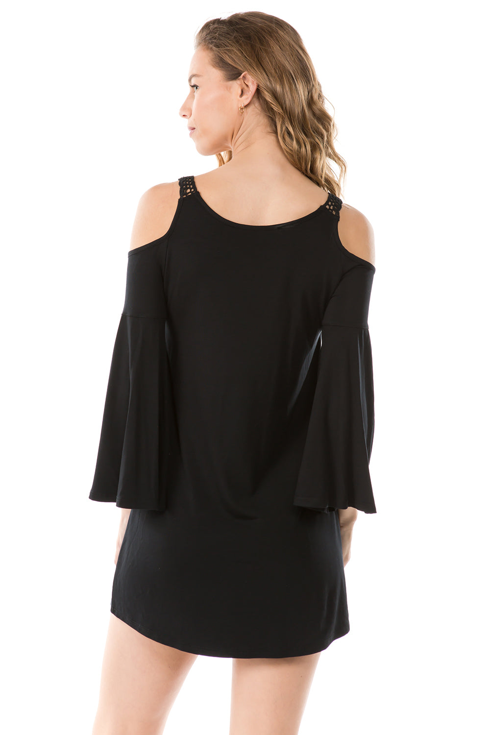 LACY 2 BELL SLEEVE OPEN SHOULDER DRESS (BLACK)- VD2563
