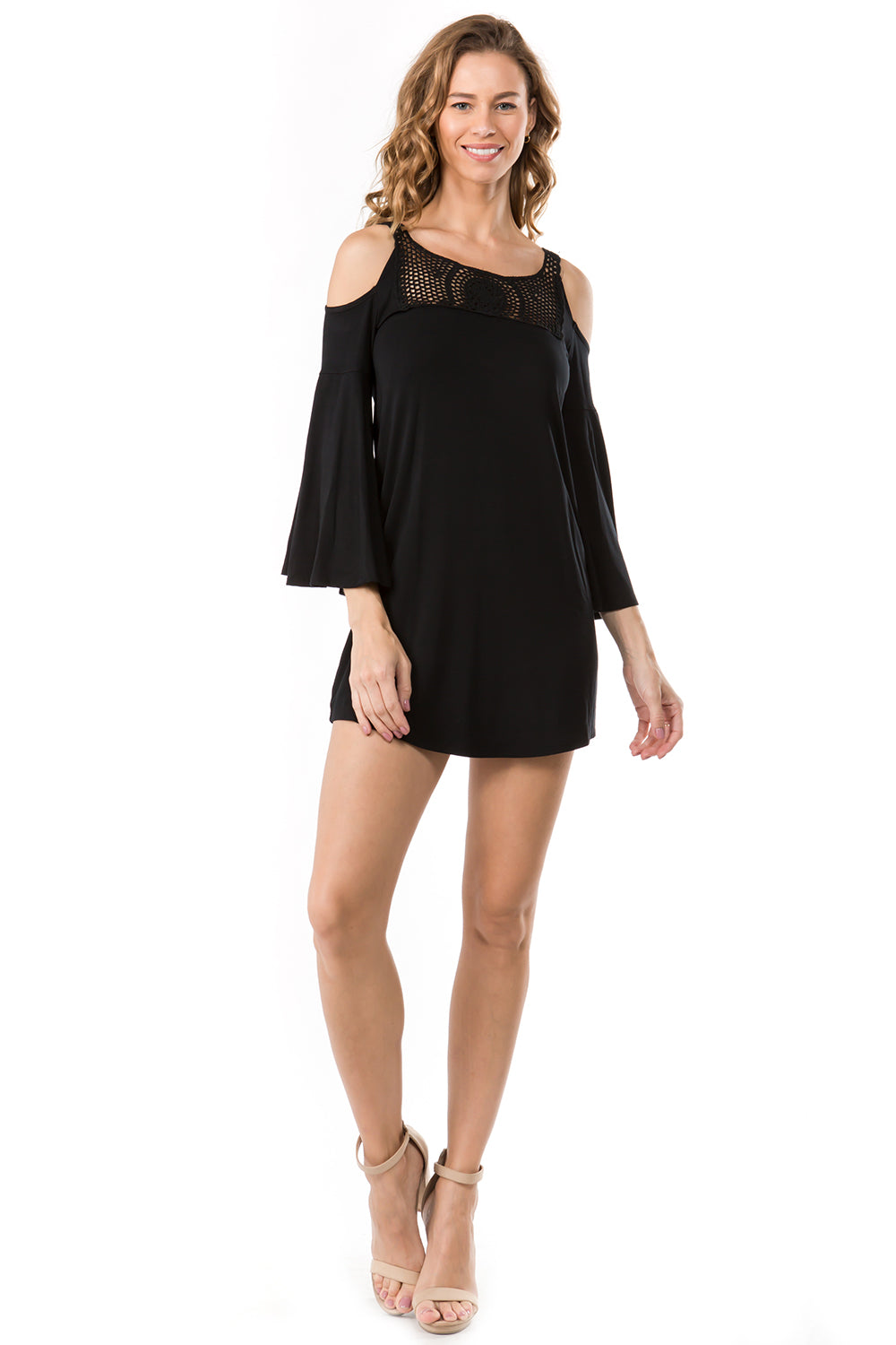 LACY 2 BELL SLEEVE OPEN SHOULDER DRESS (BLACK)- VD2563