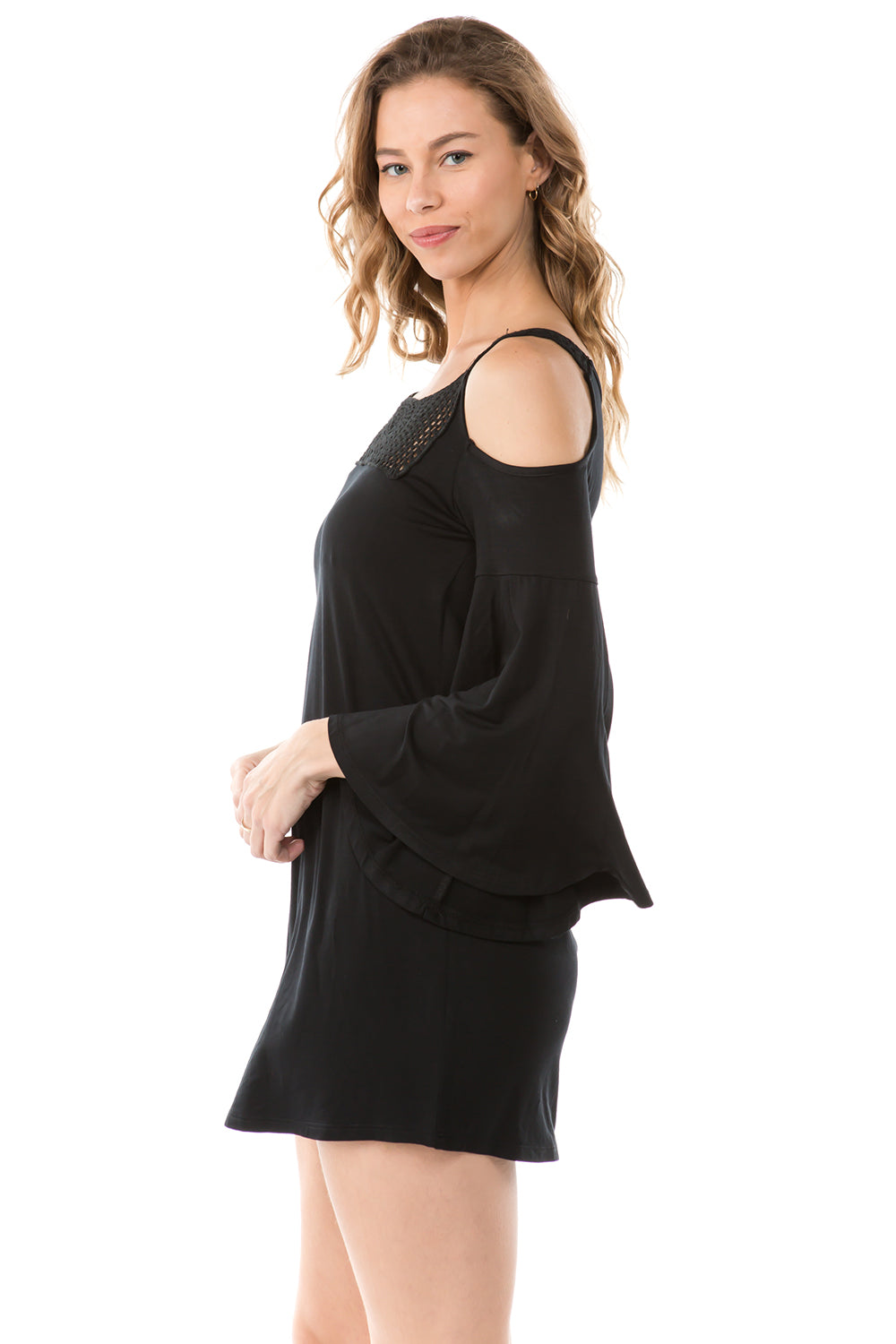 LACY 2 BELL SLEEVE OPEN SHOULDER DRESS (BLACK)- VD2563