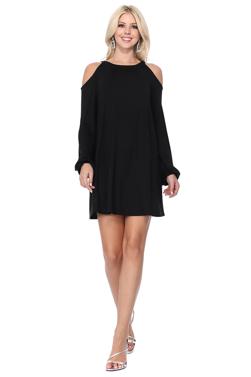 BETTE COLD SHOULDER BISHOP SLEEVE DRESS (Black) - VD2613
