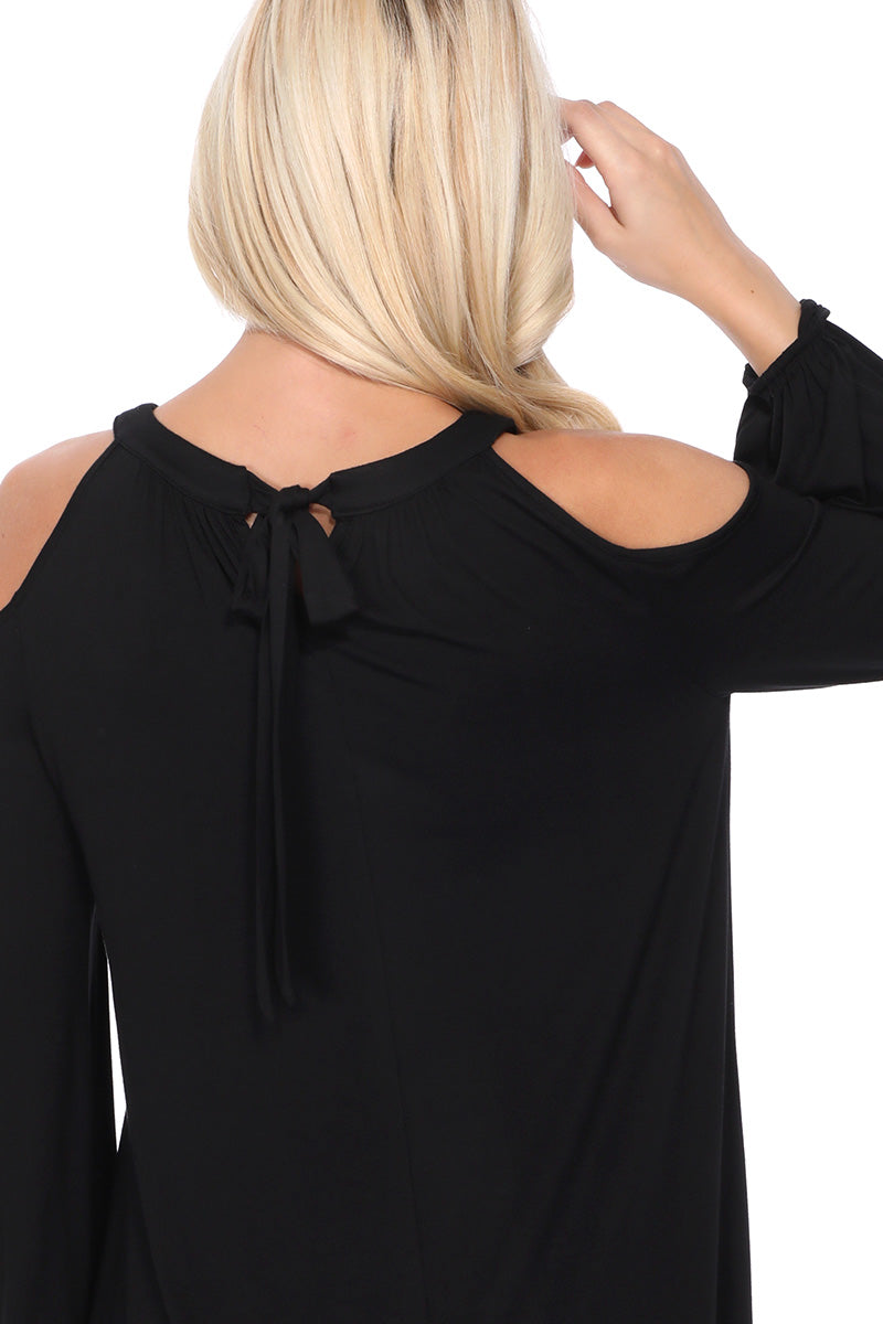 BETTE COLD SHOULDER BISHOP SLEEVE DRESS (Black) - VD2613