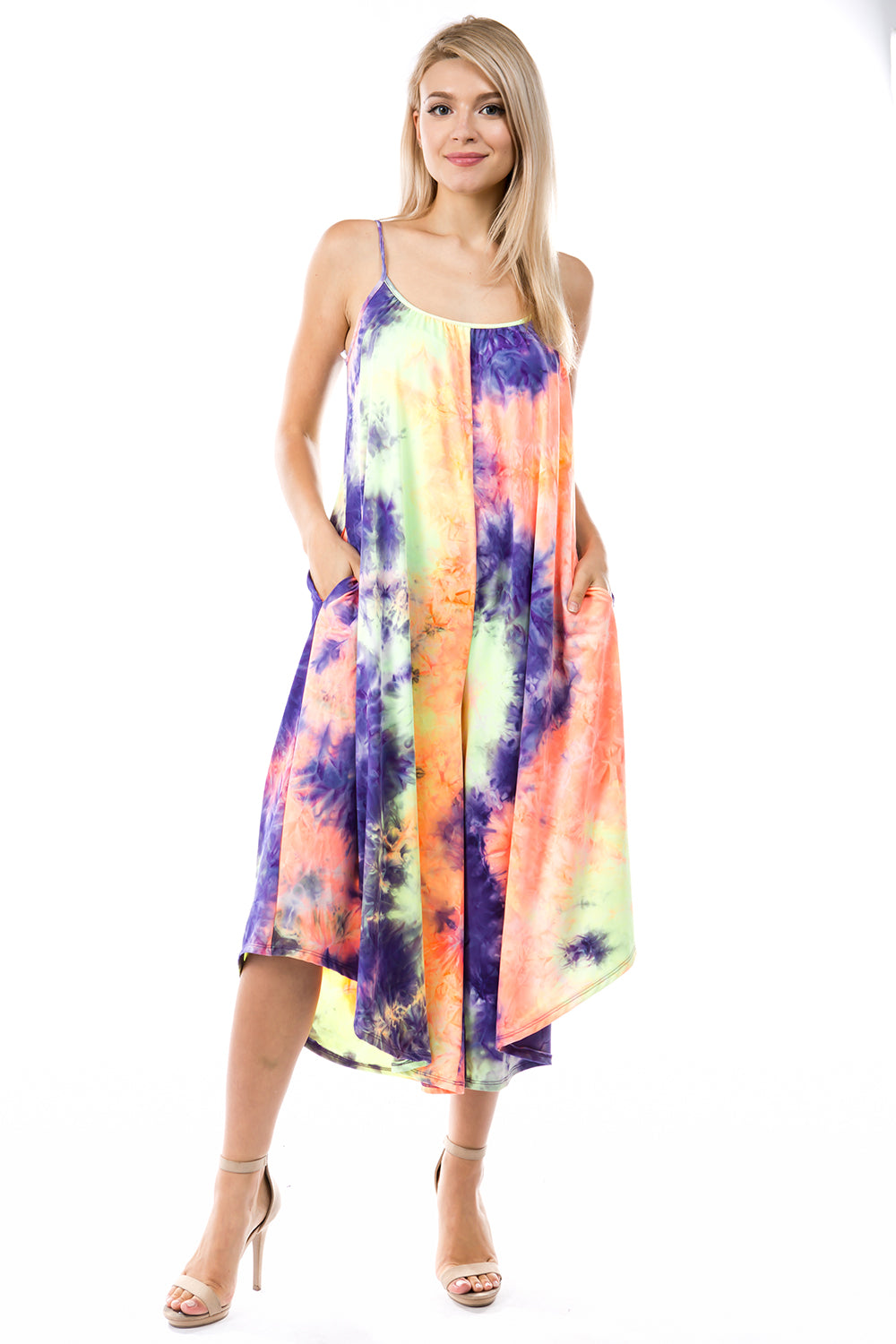 AGNES WIDE CAPRI JUMPSUITS (NEON GREEN TIE DYE)- VD2765T