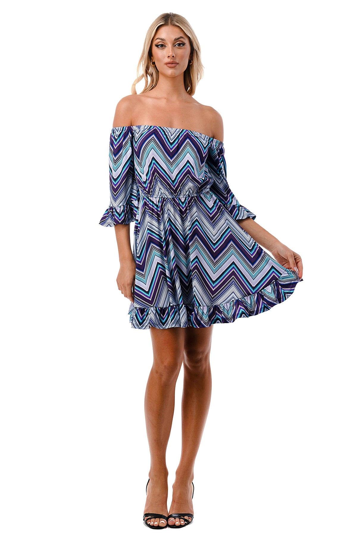 ANNA OFF SHOULDER DRESS (BLUE CHEVRON)- VD3124