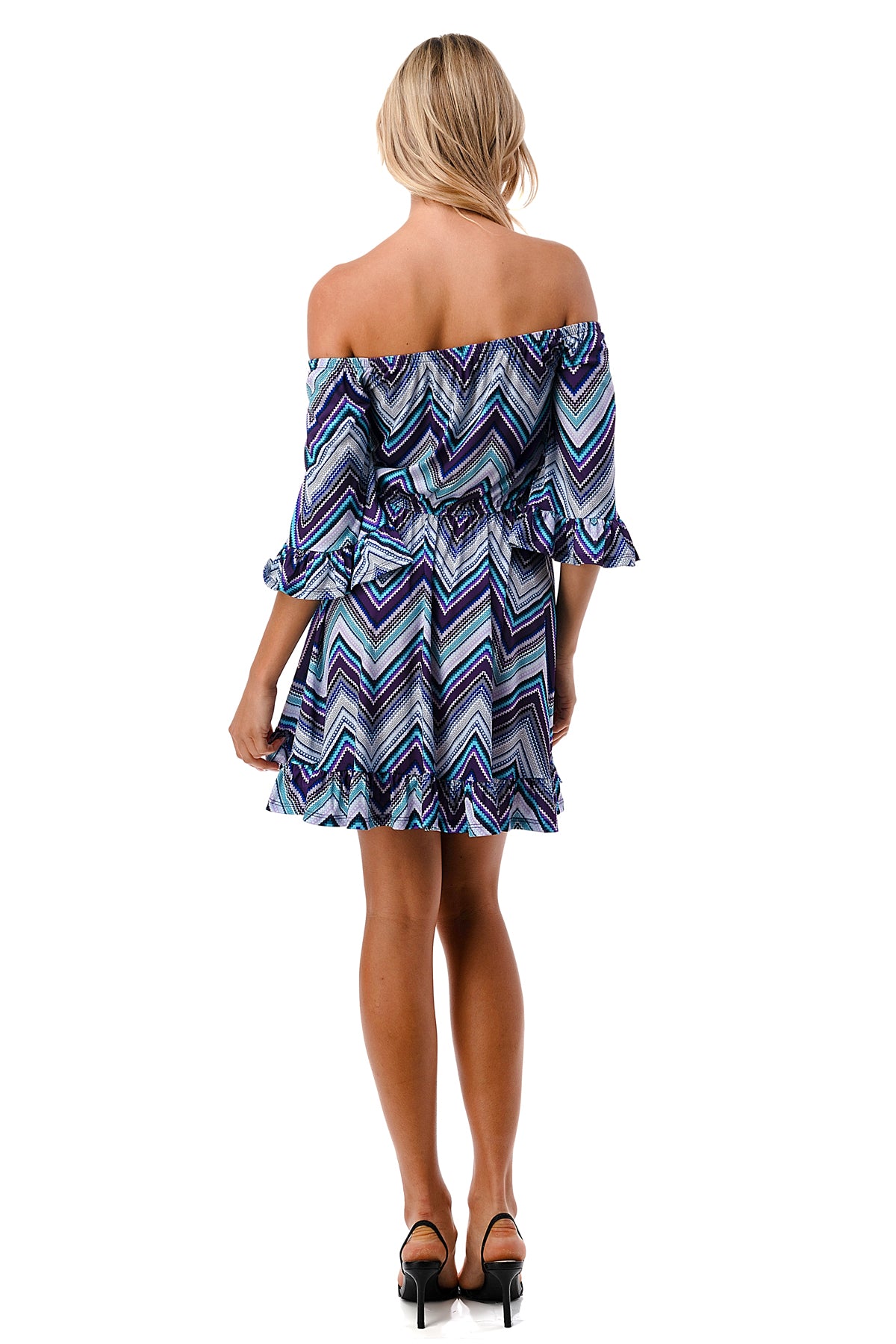 ANNA OFF SHOULDER DRESS (BLUE CHEVRON)- VD3124
