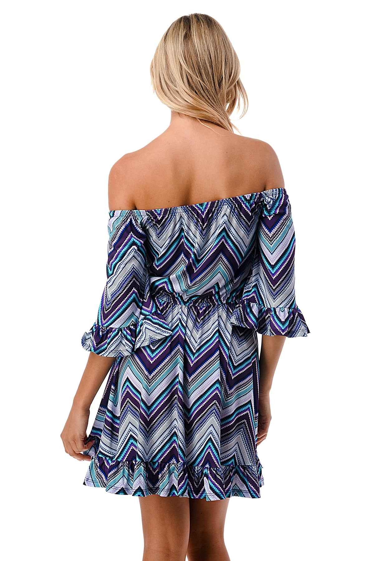 ANNA OFF SHOULDER DRESS (BLUE CHEVRON)- VD3124