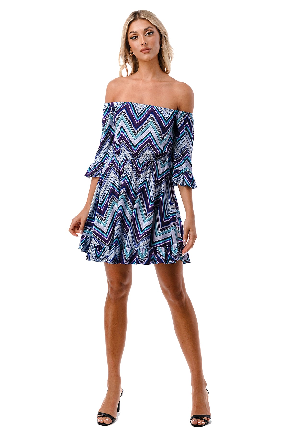 ANNA OFF SHOULDER DRESS (BLUE CHEVRON)- VD3124