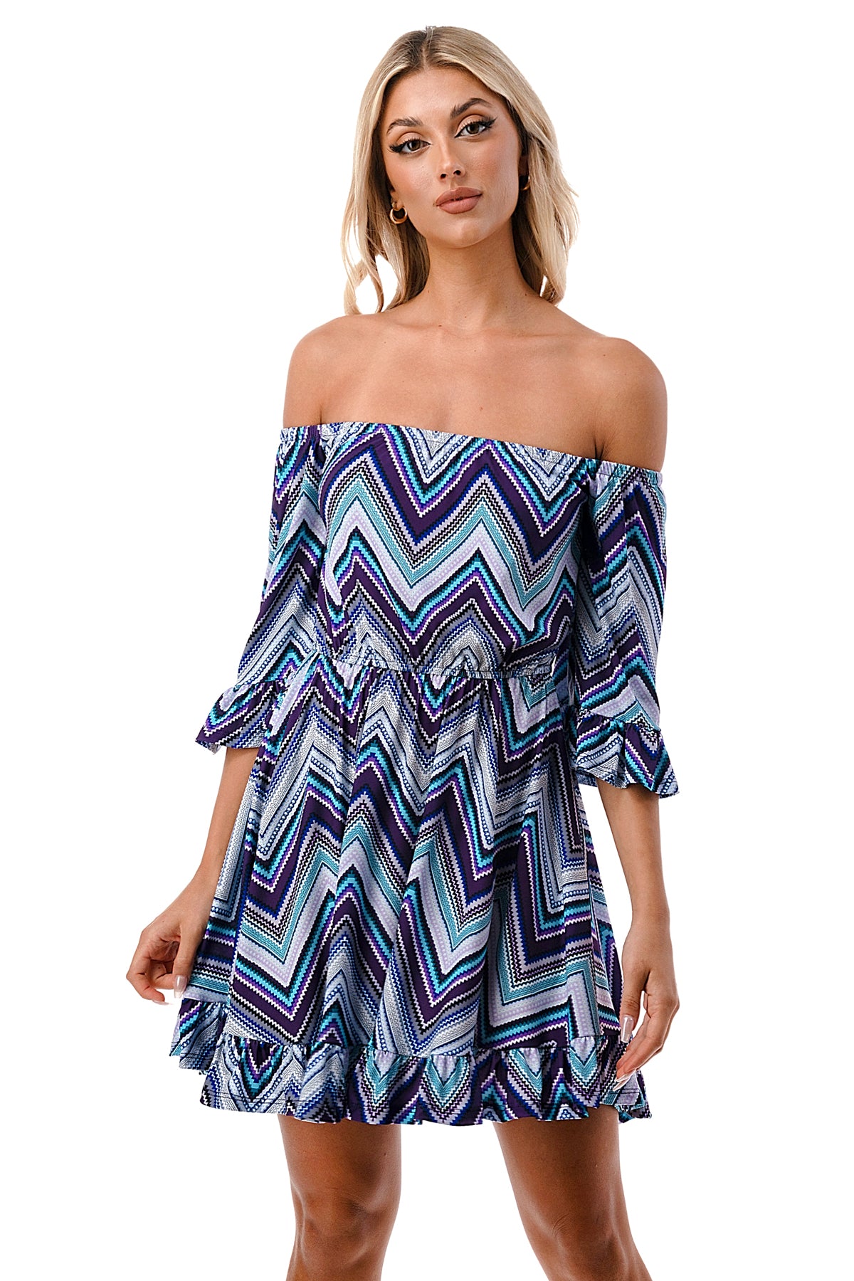 ANNA OFF SHOULDER DRESS (BLUE CHEVRON)- VD3124