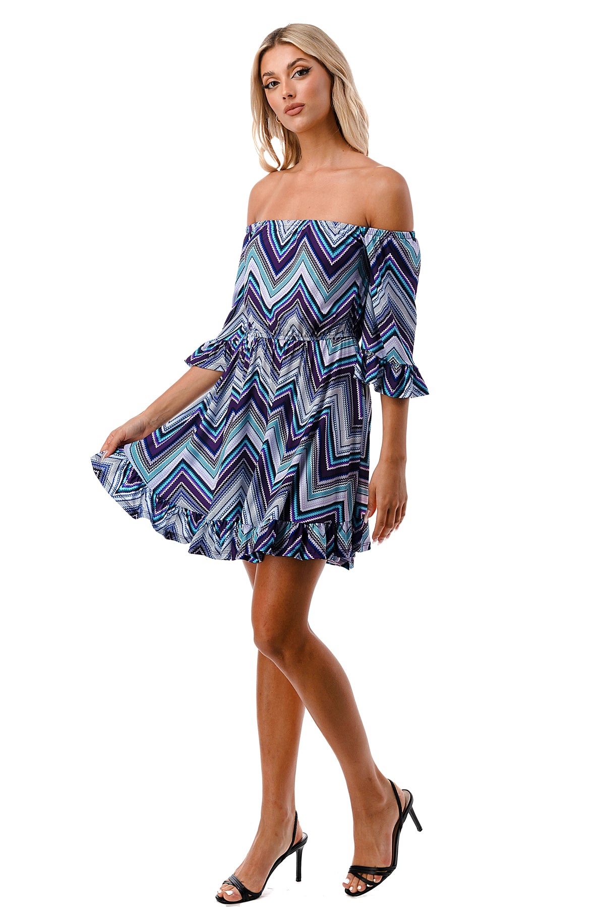 ANNA OFF SHOULDER DRESS (BLUE CHEVRON)- VD3124