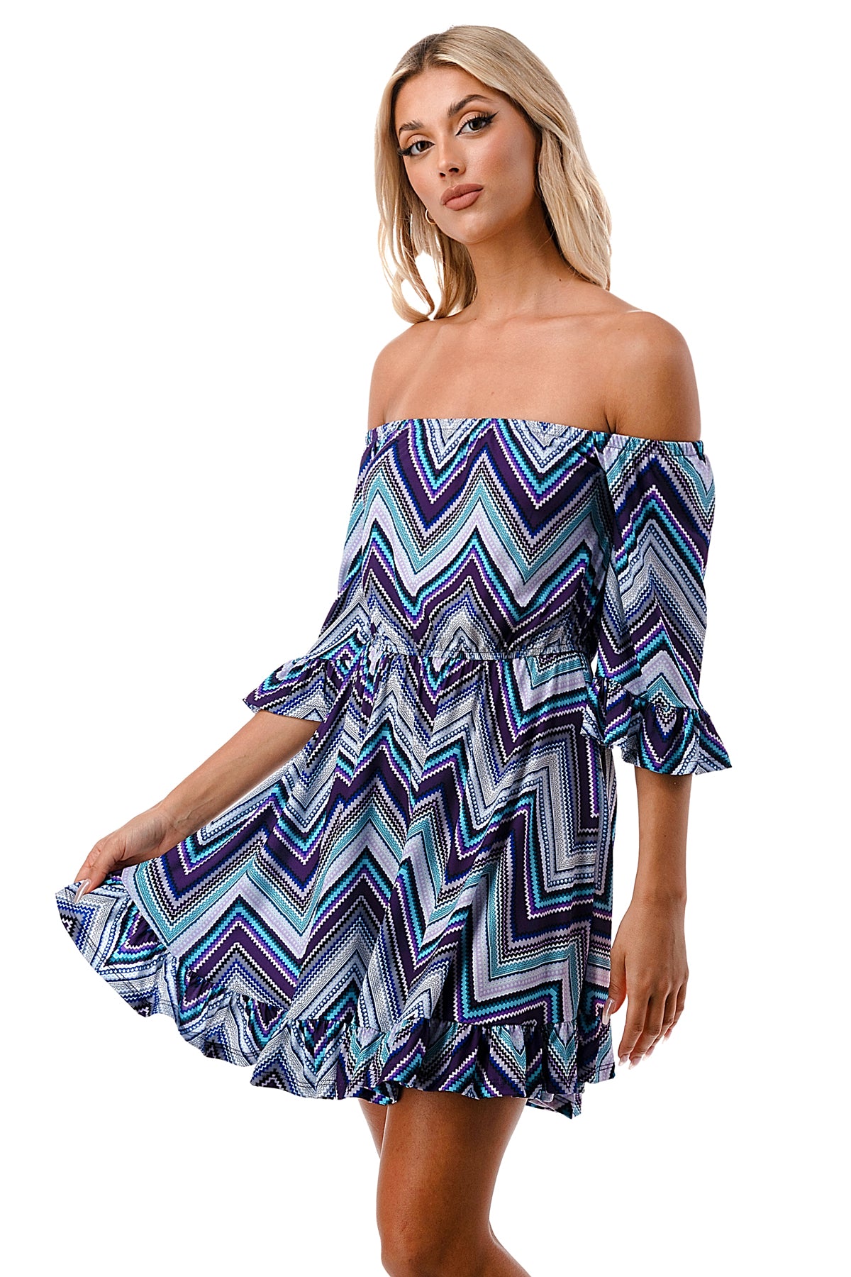 ANNA OFF SHOULDER DRESS (BLUE CHEVRON)- VD3124