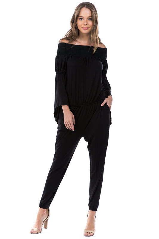 VERSAILLES BELL SLEEVE OFF SHOULDER JUMPSUIT (Black) - VD7510