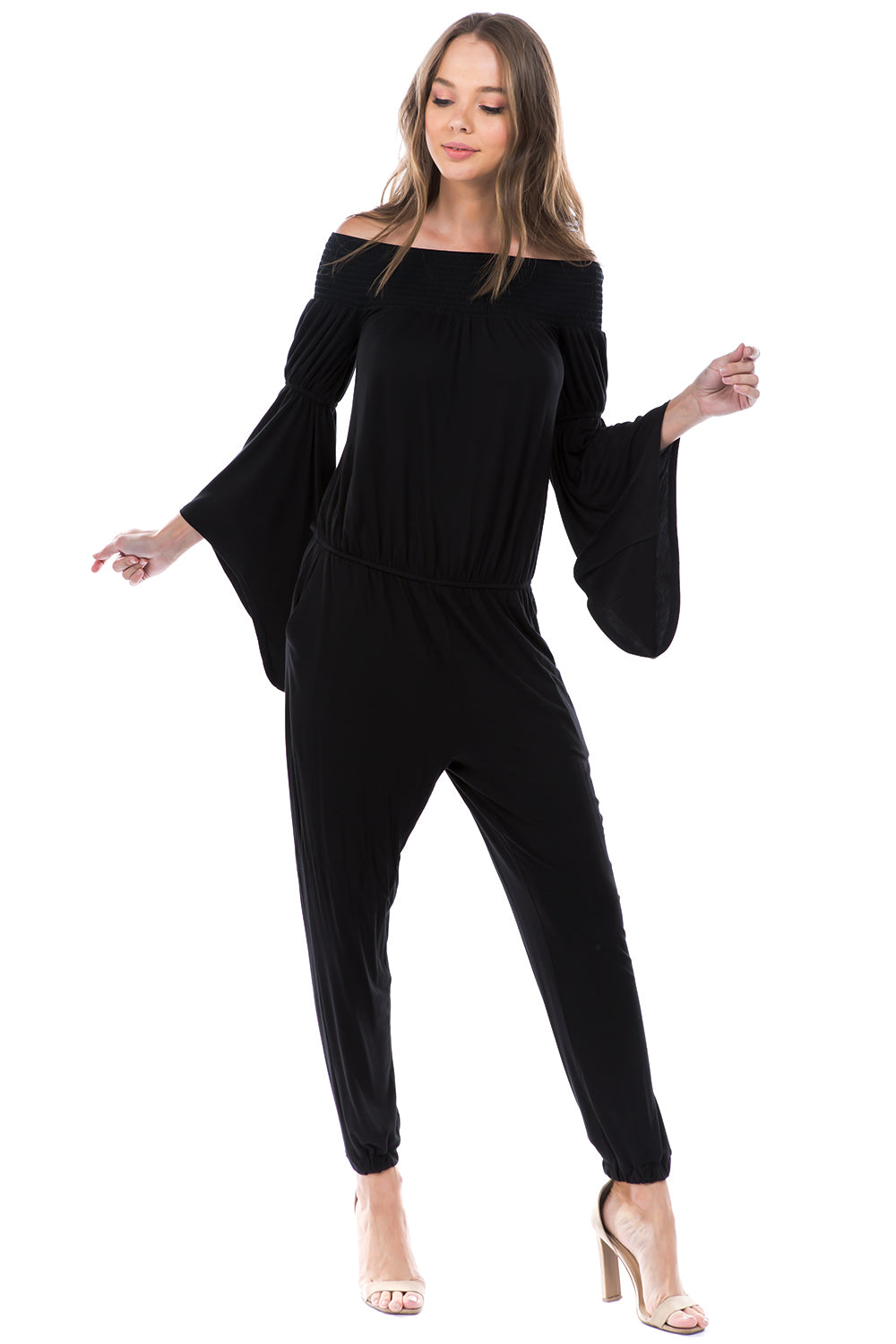 VERSAILLES BELL SLEEVE OFF SHOULDER JUMPSUIT (Black) - VD7510