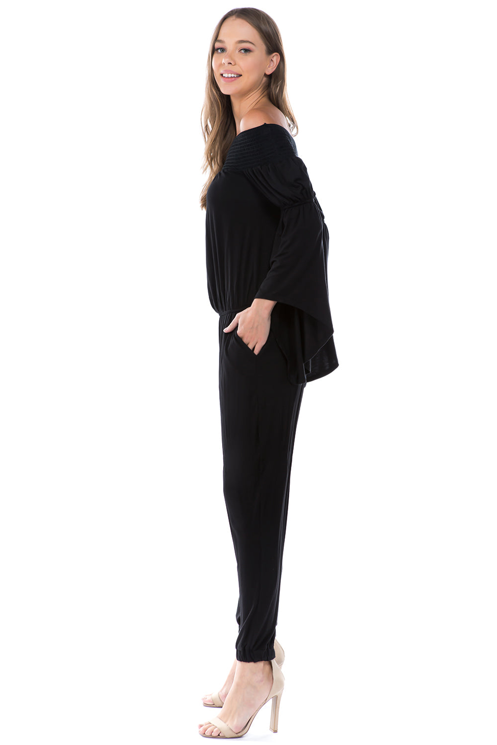 VERSAILLES BELL SLEEVE OFF SHOULDER JUMPSUIT (Black) - VD7510