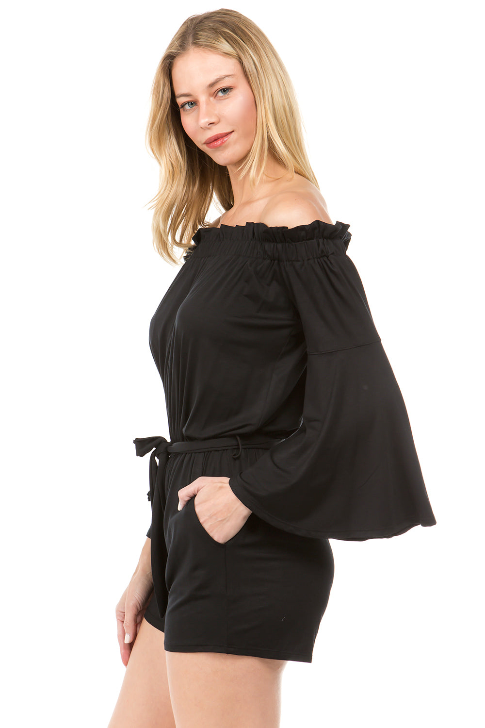 SOLID NINA BELL SLEEVE ROMPER (BLACK)- VR2512S