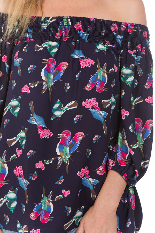 PRINTED OFF SHOULDER TOP (Navy Bird)- VT1071P
