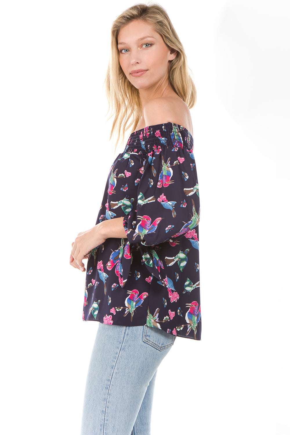 PRINTED OFF SHOULDER TOP (Navy Bird)- VT1071P