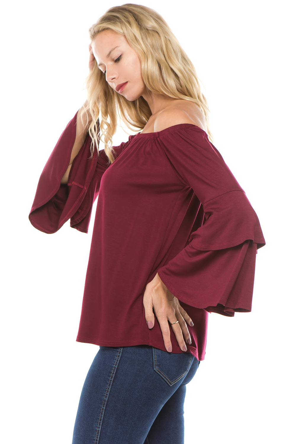 LOLA DOUBLE BELL SLEEVE TOP (DARK WINE)-VT2300S