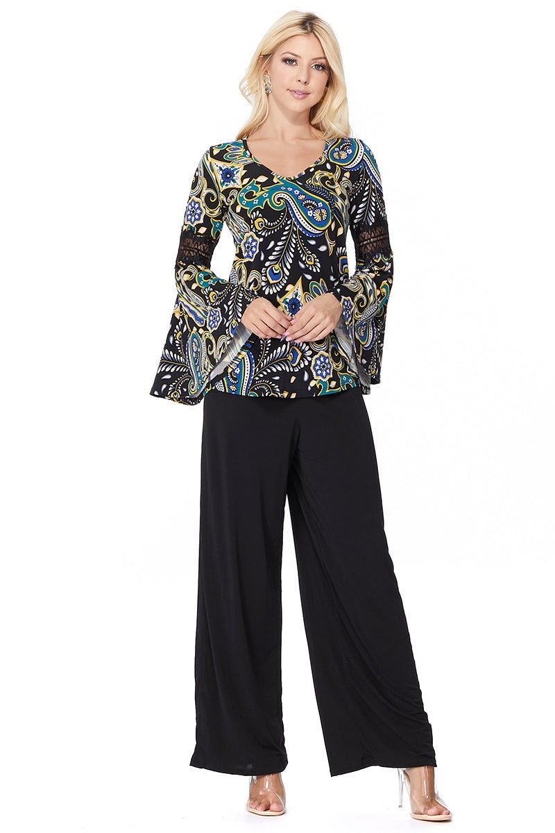 ROCCO BELL SLEEVE TOP (GREEN MULTI)- VT2395-ROCCO