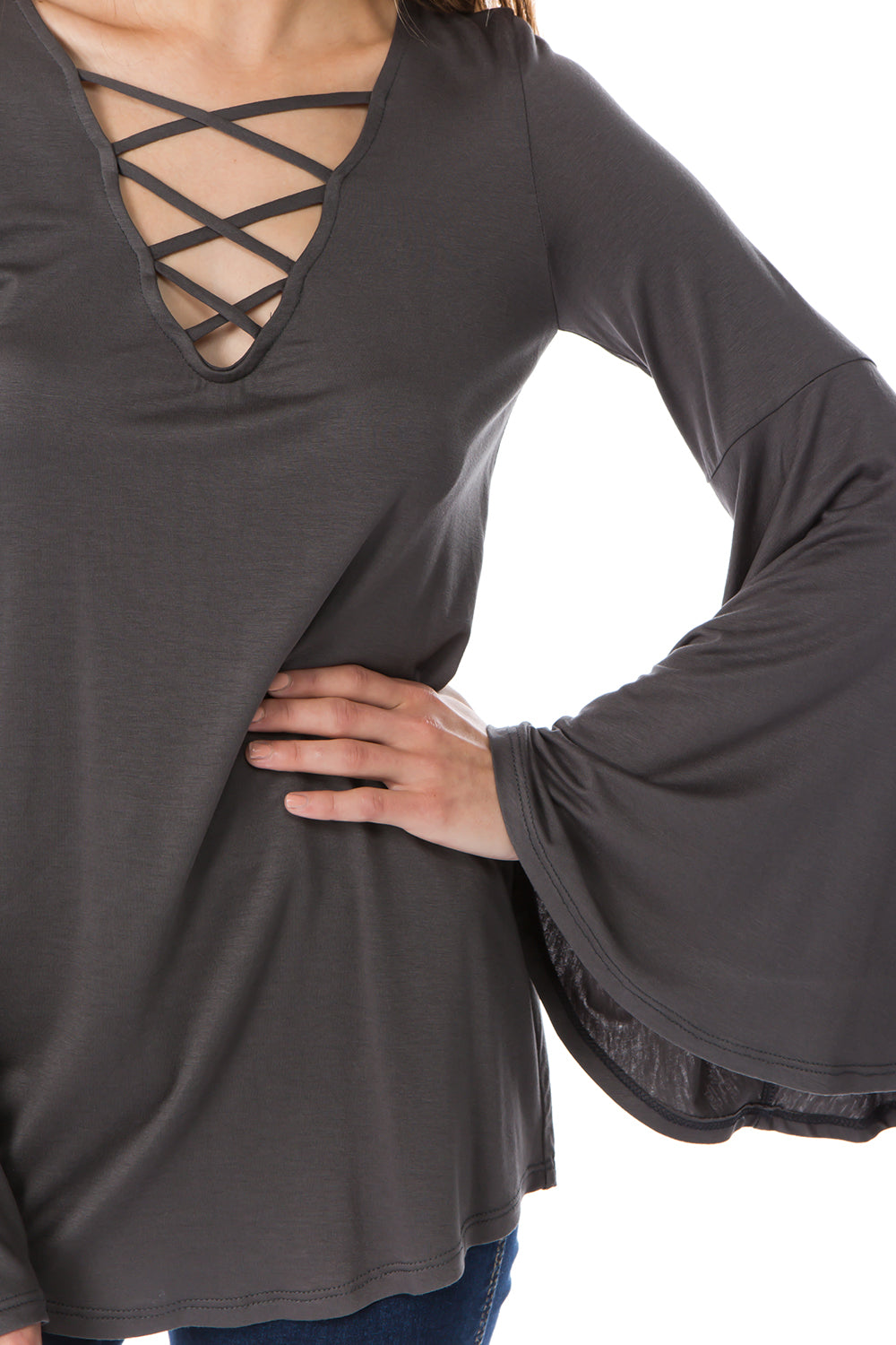 BEYONCE BELL SLEEVE TOP (CHARCOAL)- VT2404