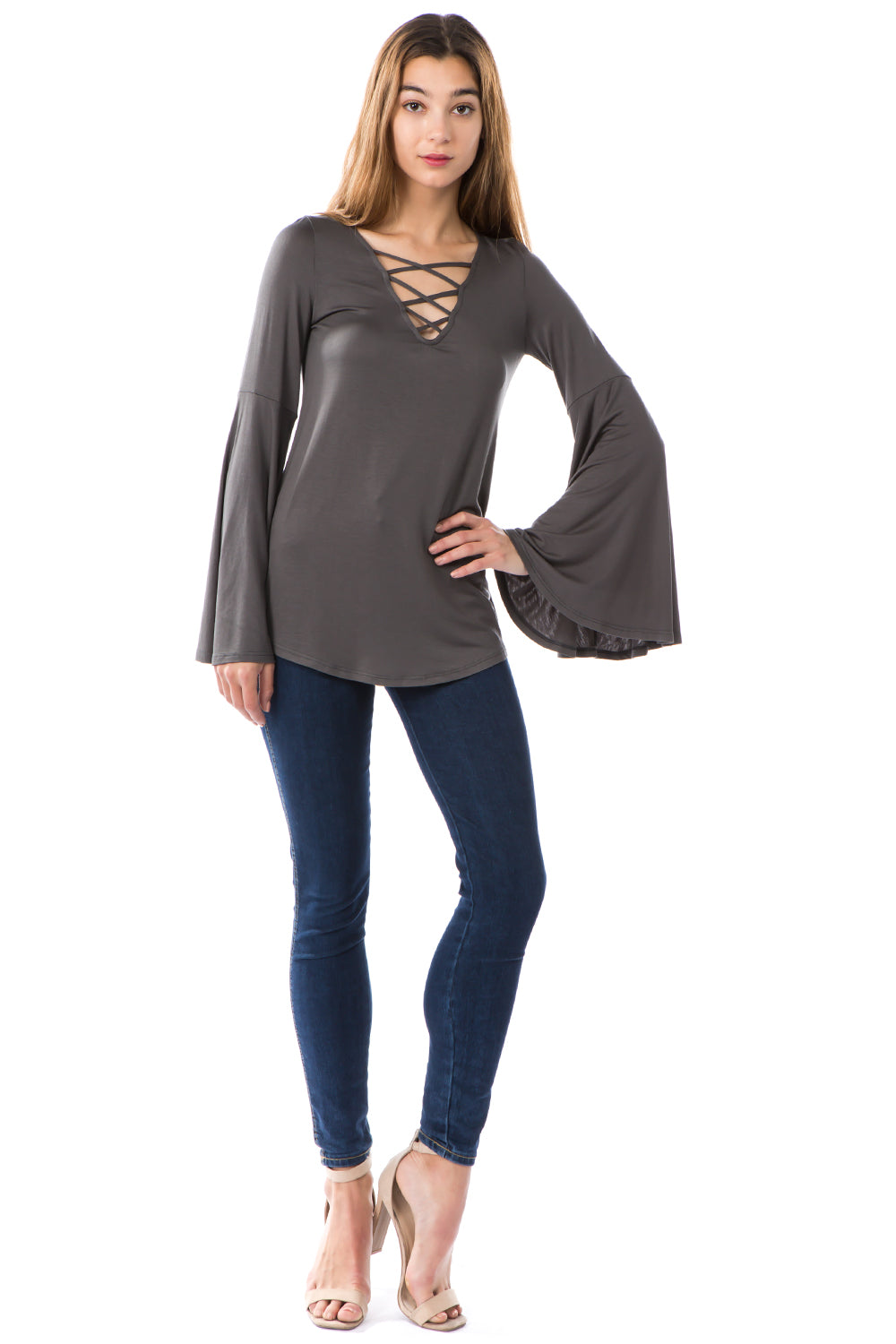 BEYONCE BELL SLEEVE TOP (CHARCOAL)- VT2404