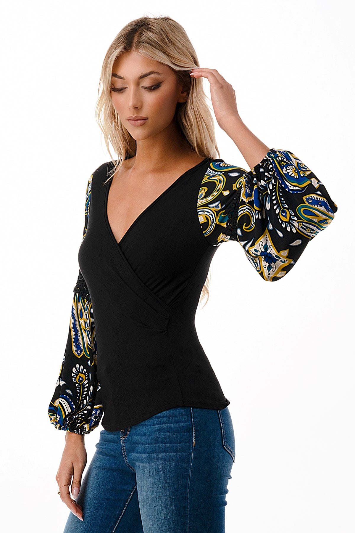 KINSLEY WRAP TOP (BLACK / GREEN ROCCO)- VT2436