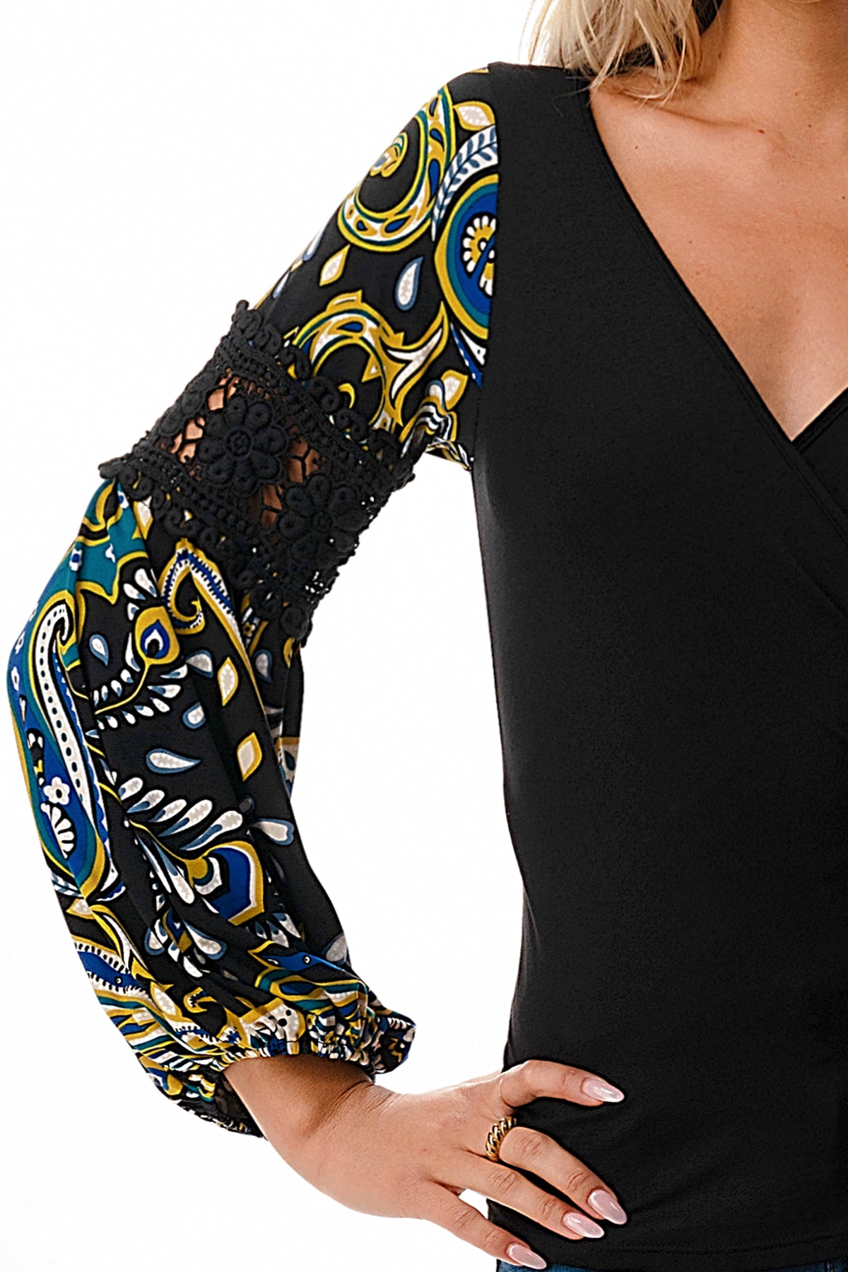 KINSLEY WRAP TOP (BLACK / GREEN ROCCO)- VT2436
