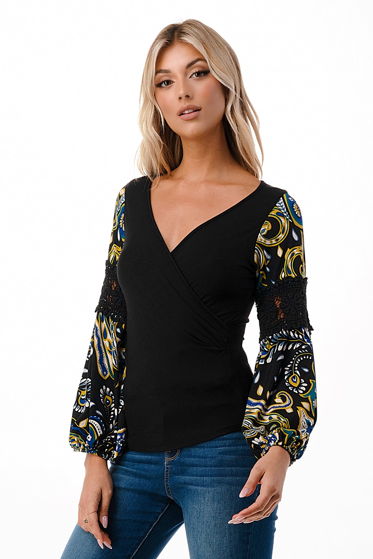 KINSLEY WRAP TOP (BLACK / GREEN ROCCO)- VT2436