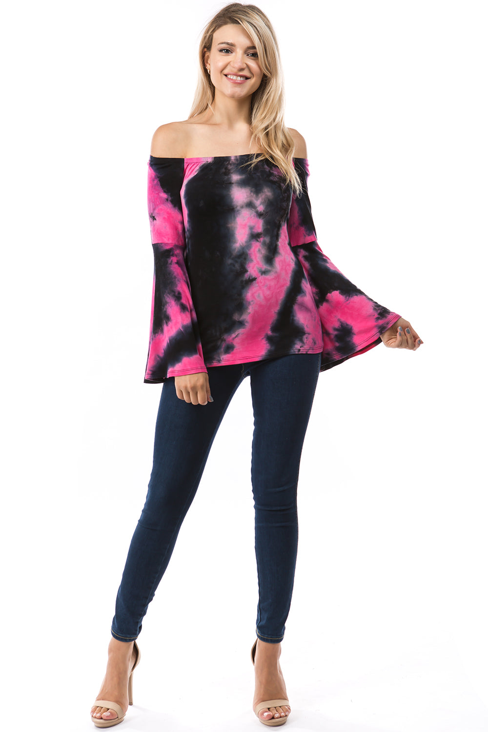 AMY OFF SHOULDER TOP (BLACK/FUSCHIA TIE DYE)- VT2492T