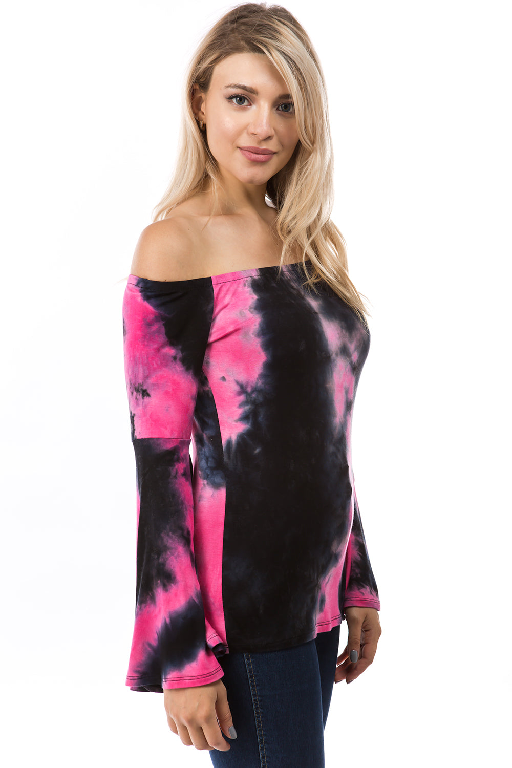 AMY OFF SHOULDER TOP (BLACK/FUSCHIA TIE DYE)- VT2492T