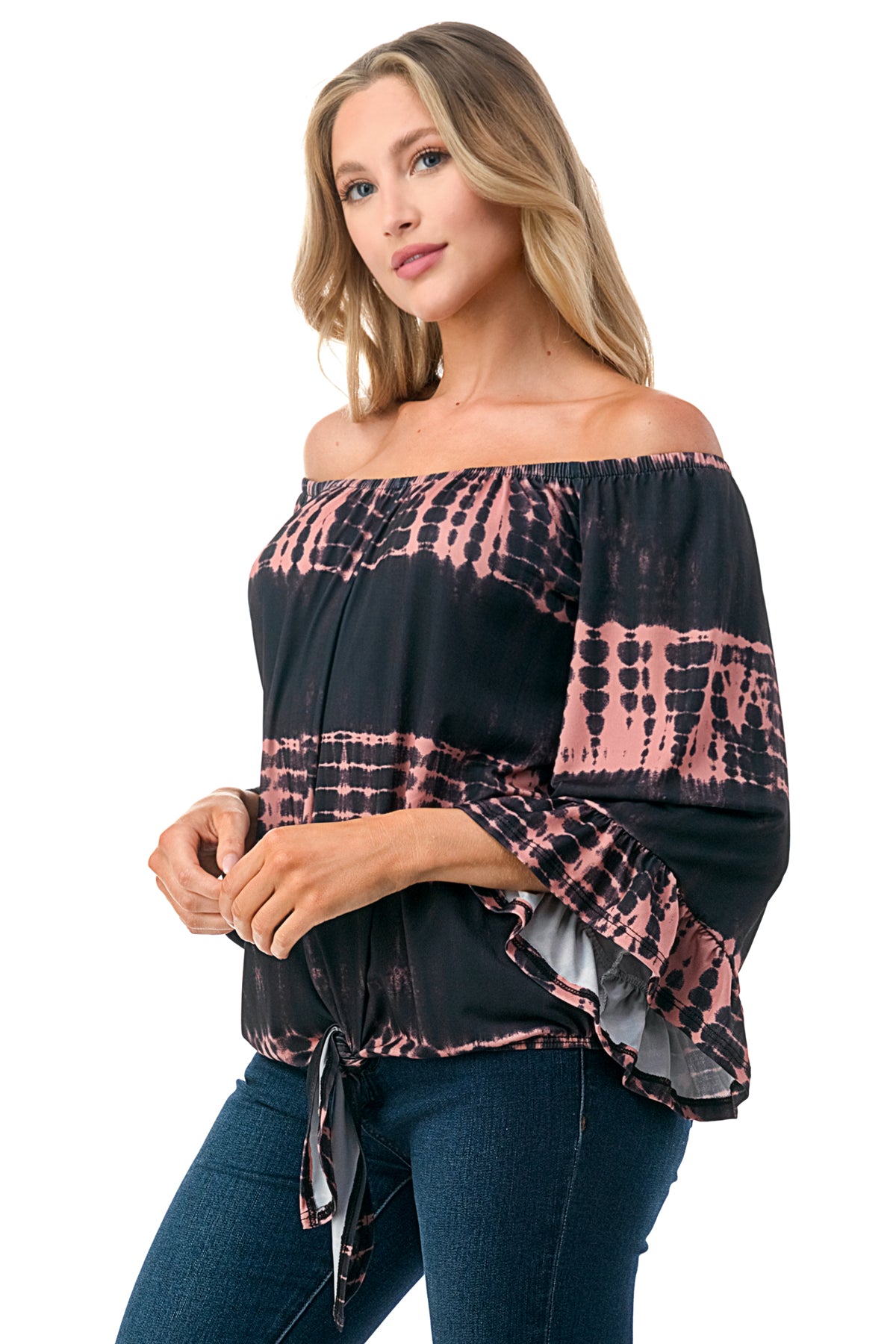HARRIET OFF SHOULDER TOP (BLACK RUST TIE DYE)- VT2509