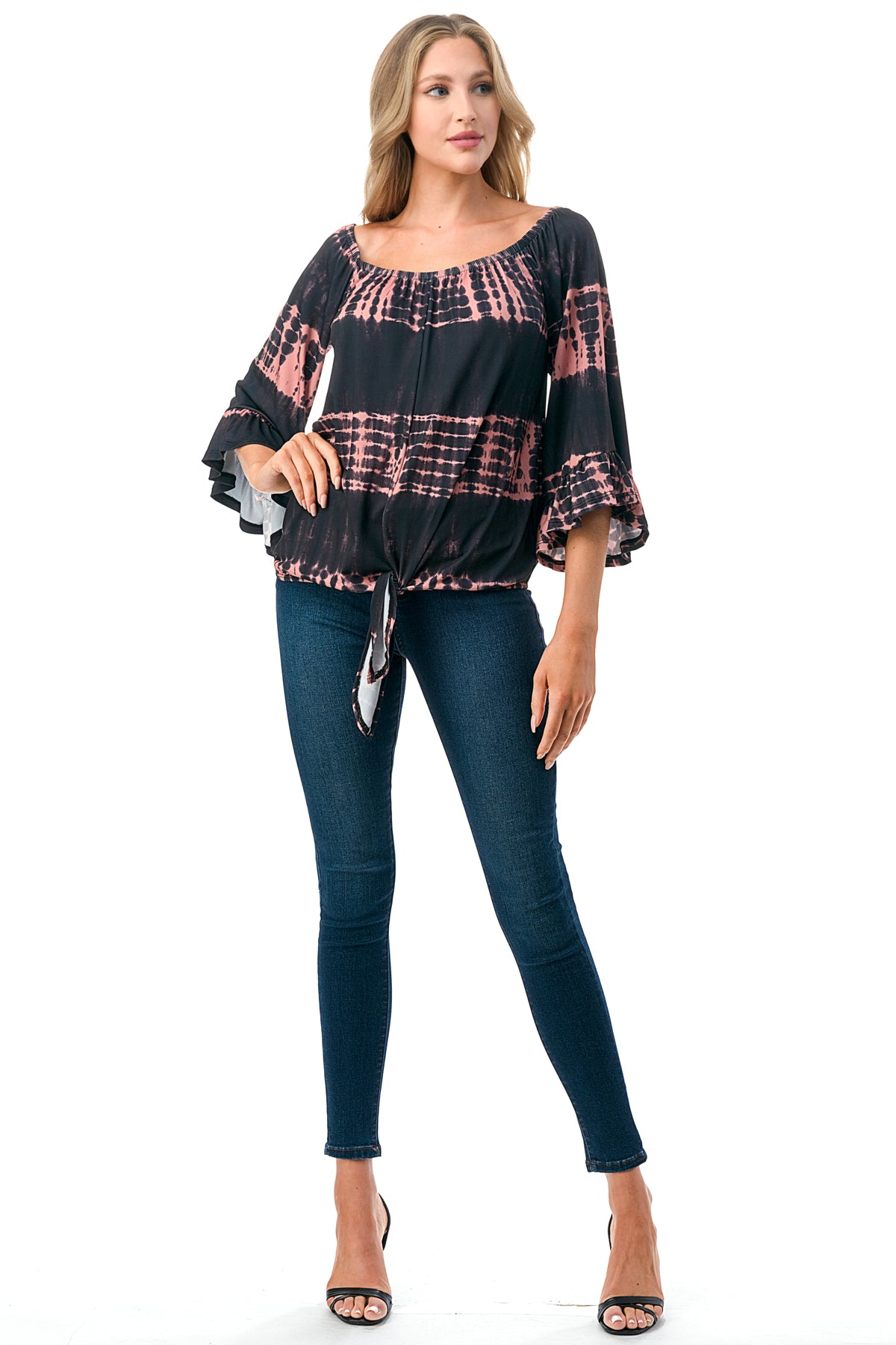 HARRIET OFF SHOULDER TOP (BLACK RUST TIE DYE)- VT2509