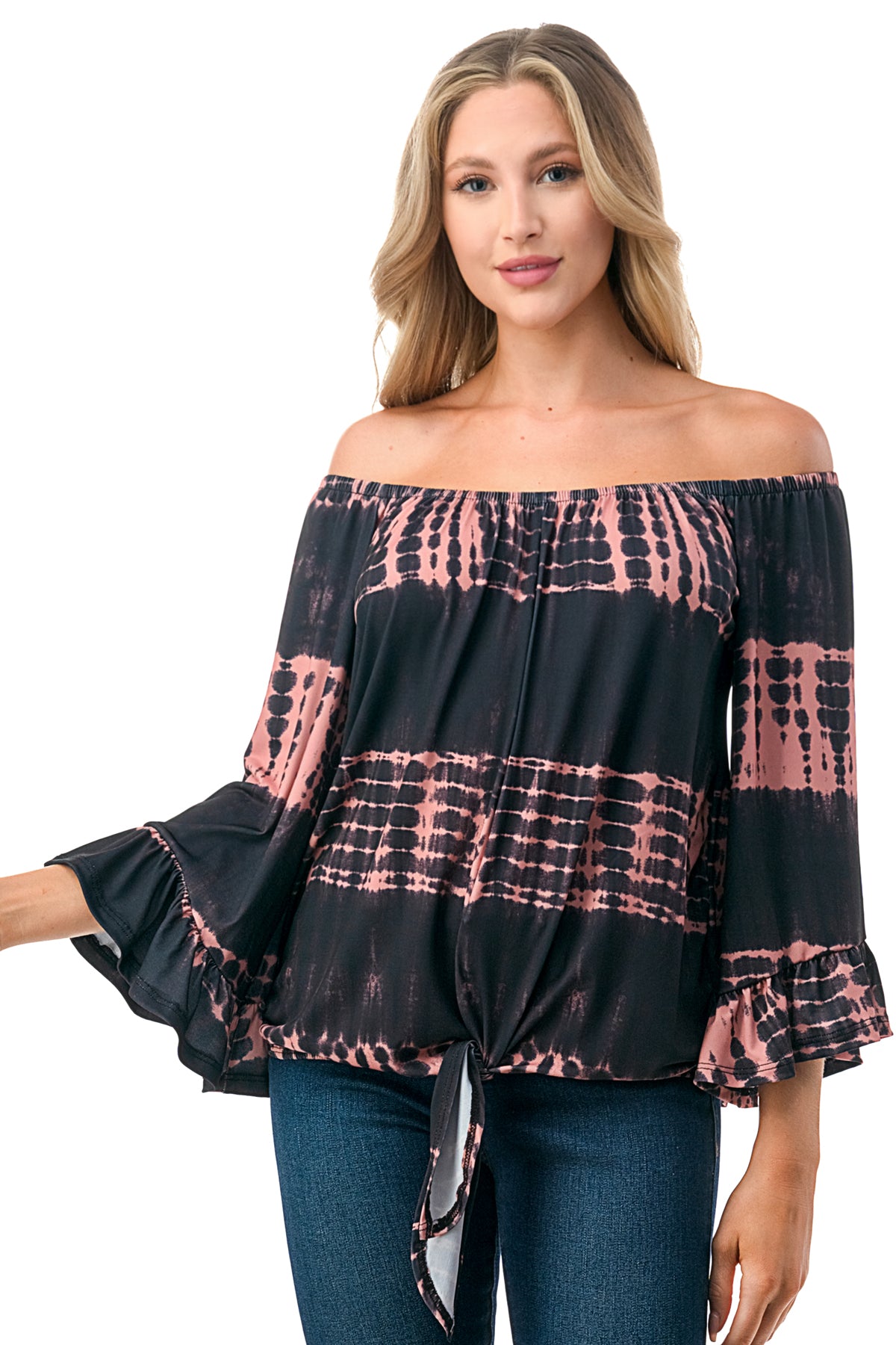HARRIET OFF SHOULDER TOP (BLACK RUST TIE DYE)- VT2509