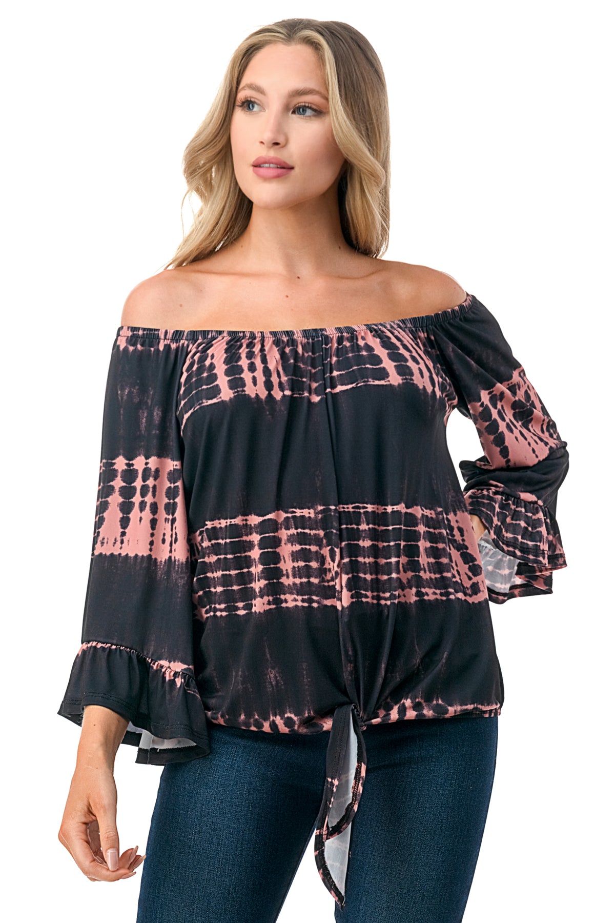 HARRIET OFF SHOULDER TOP (BLACK RUST TIE DYE)- VT2509