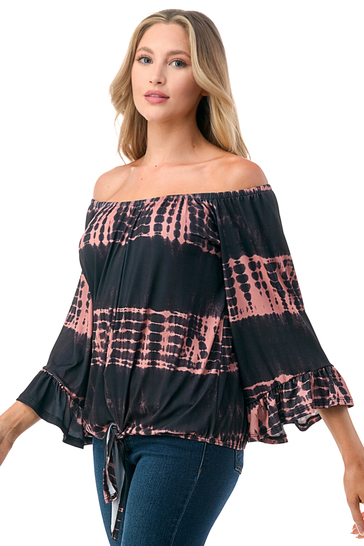 HARRIET OFF SHOULDER TOP (BLACK RUST TIE DYE)- VT2509