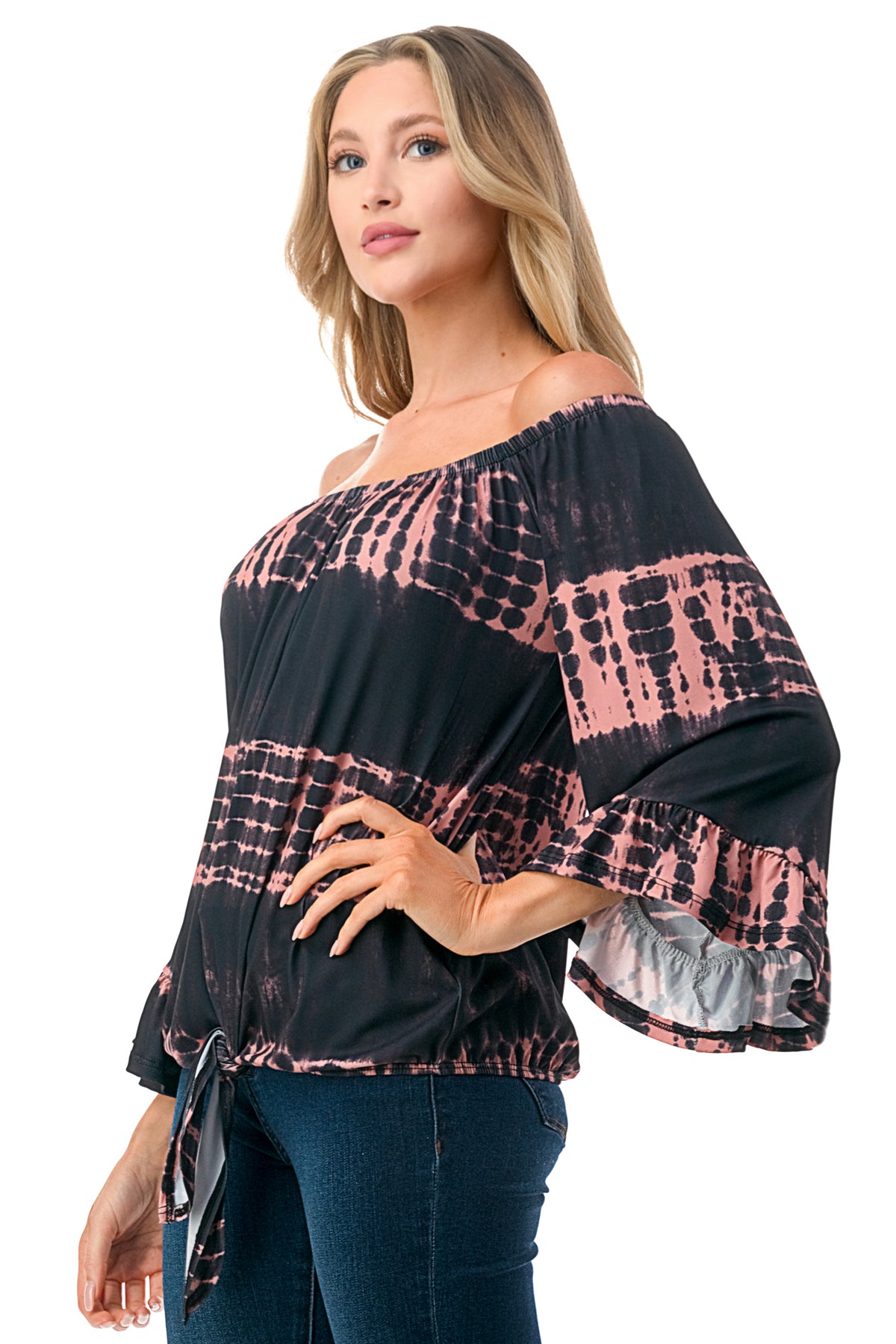 HARRIET OFF SHOULDER TOP (BLACK RUST TIE DYE)- VT2509