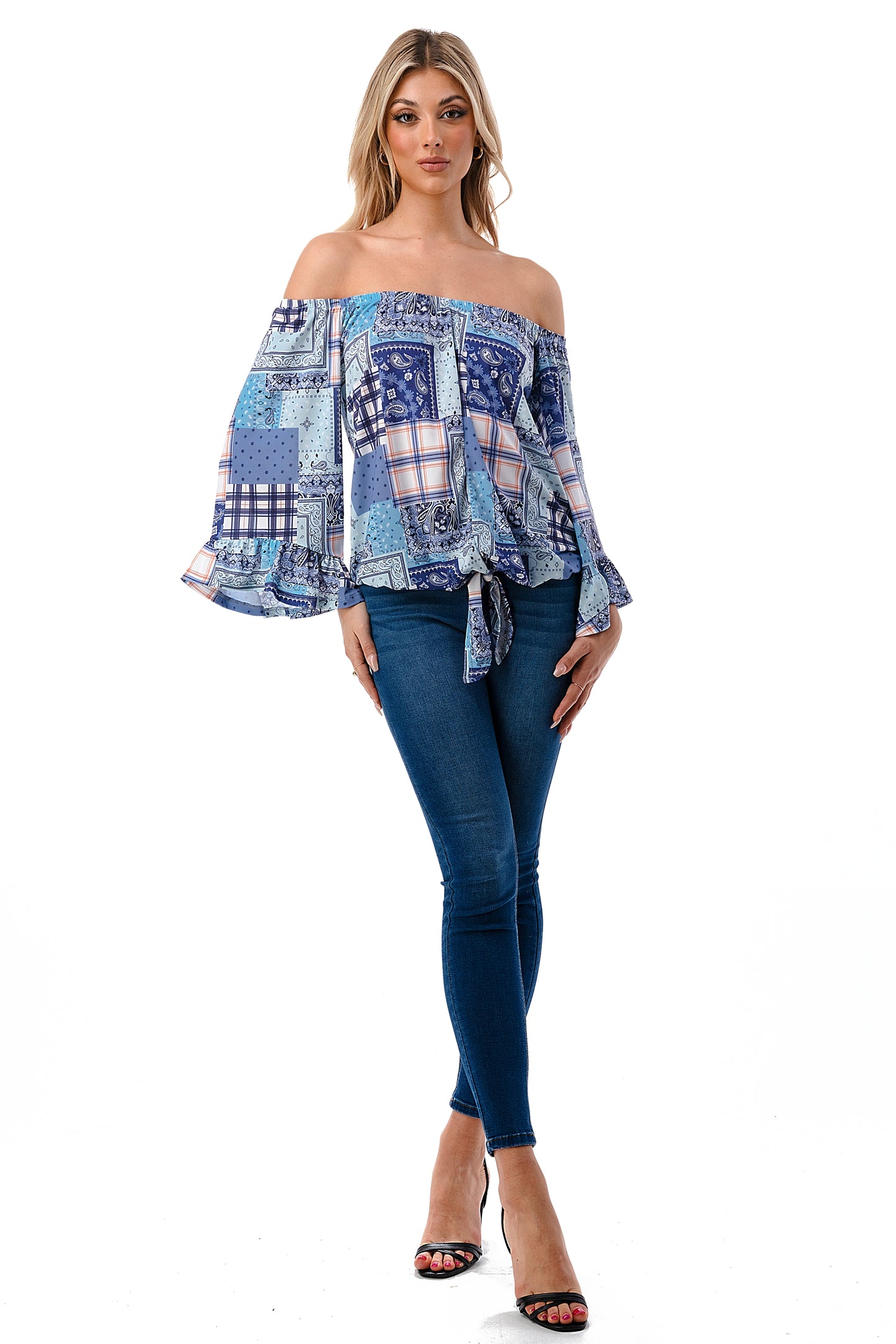 HARRIET OFF SHOULDER TOP (BLUE PATCH WORK)- VT2509