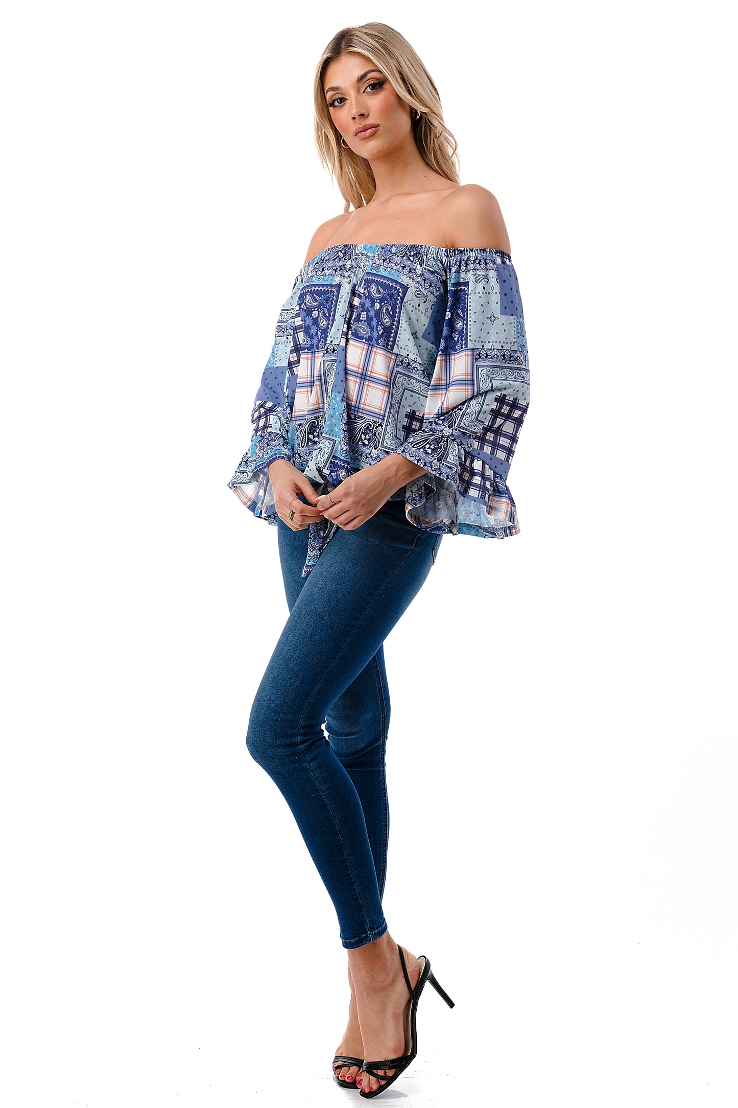 HARRIET OFF SHOULDER TOP (BLUE PATCH WORK)- VT2509