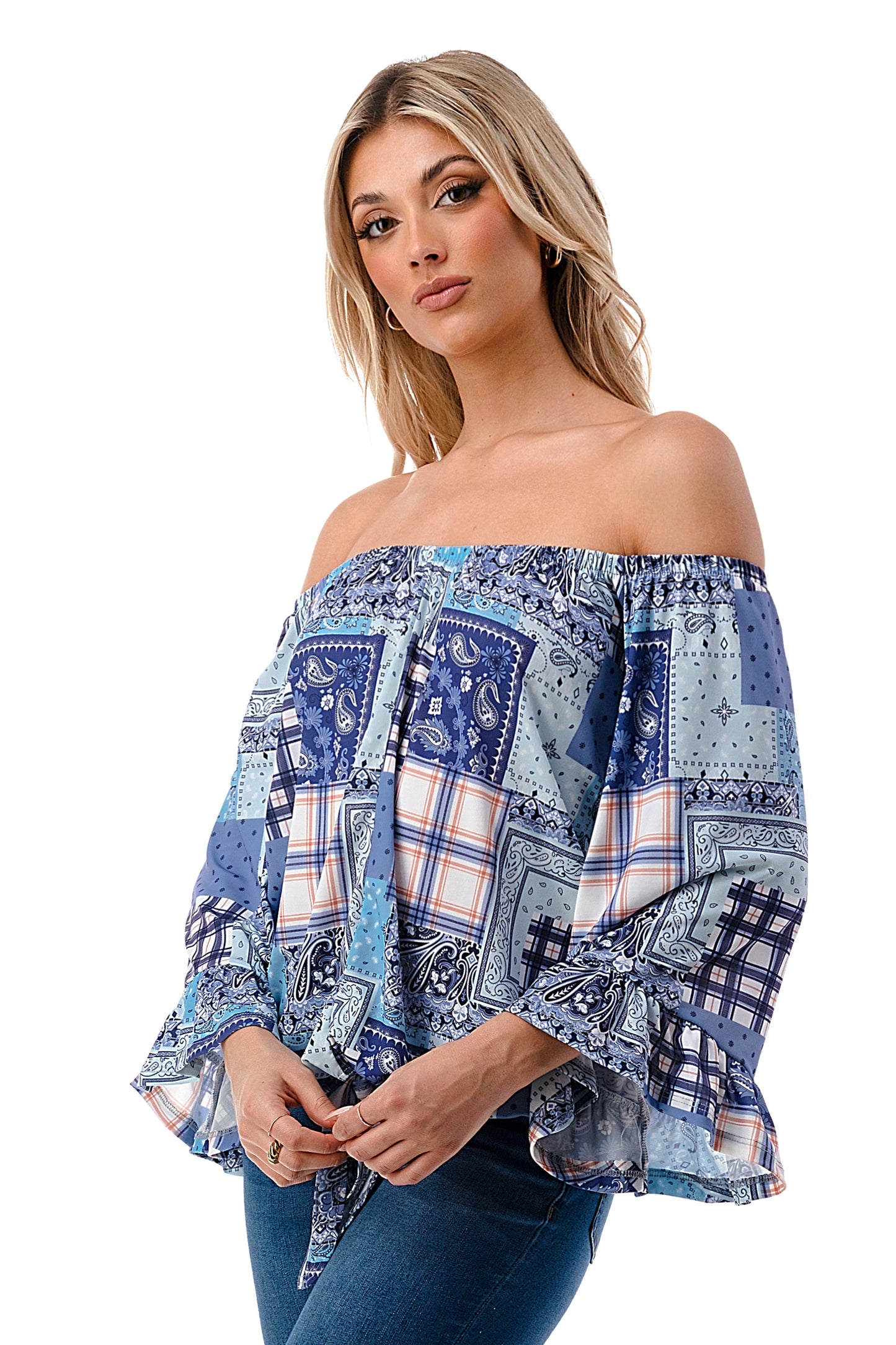 HARRIET OFF SHOULDER TOP (BLUE PATCH WORK)- VT2509