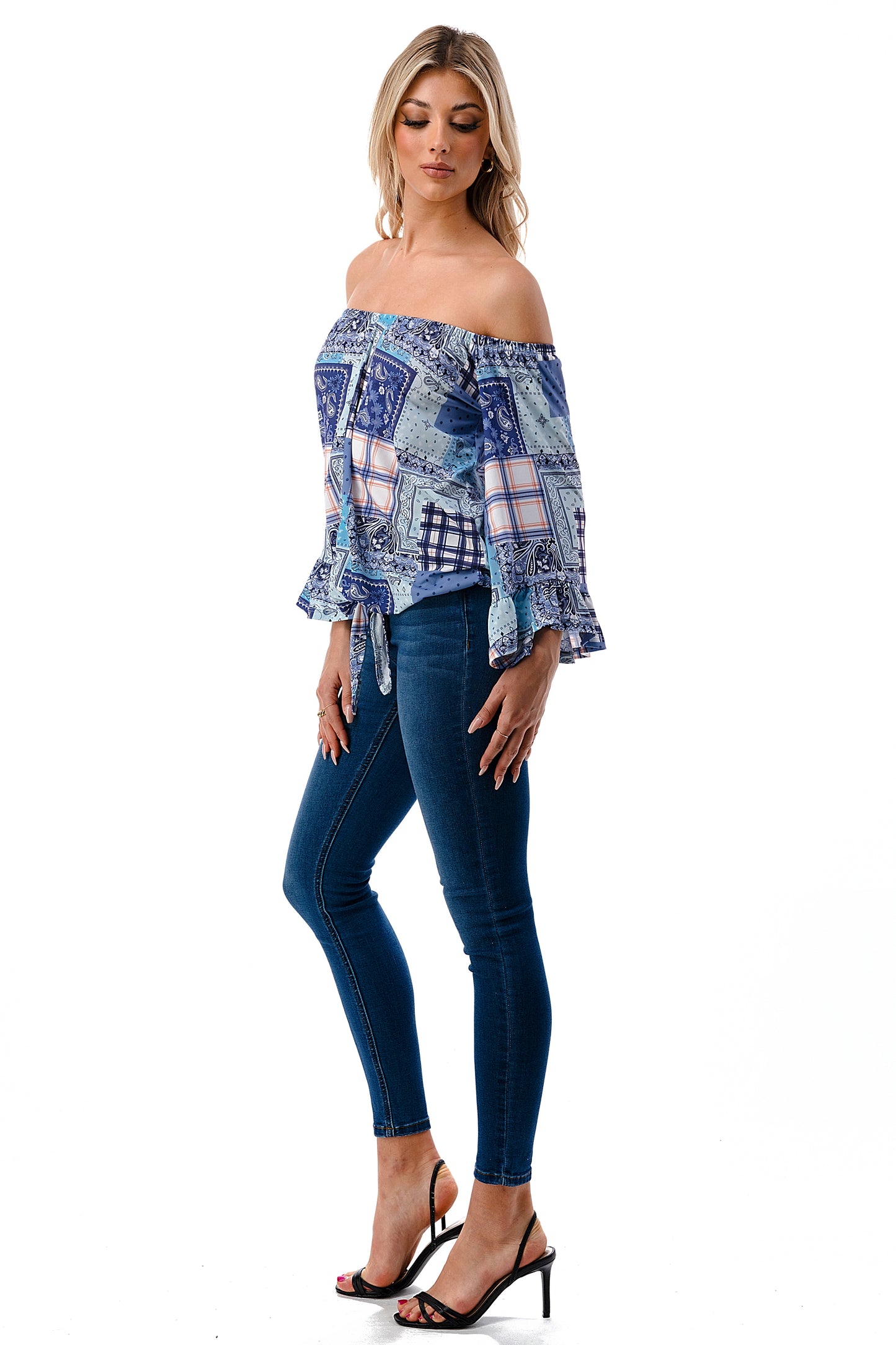 HARRIET OFF SHOULDER TOP (BLUE PATCH WORK)- VT2509