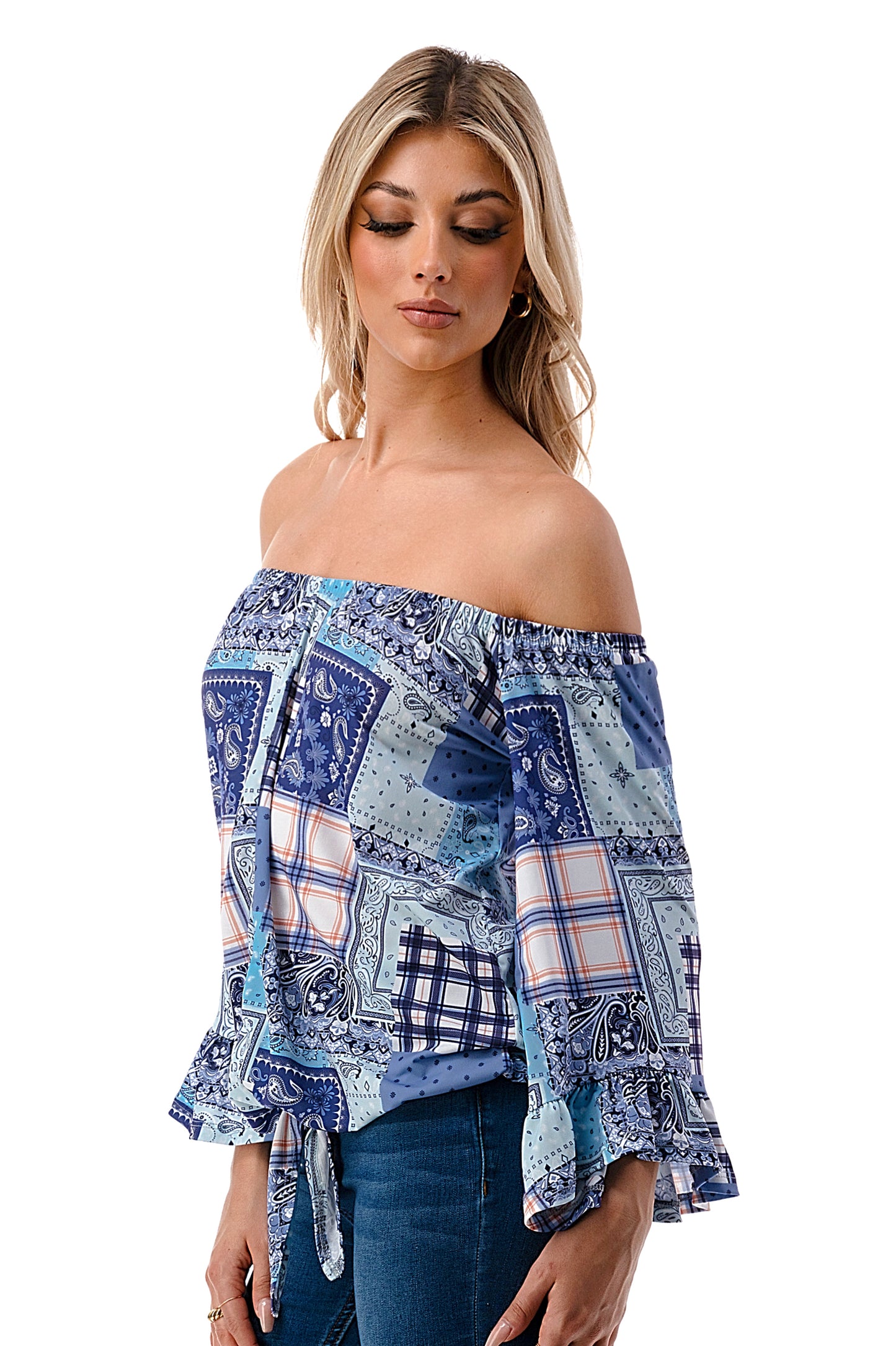 HARRIET OFF SHOULDER TOP (BLUE PATCH WORK)- VT2509