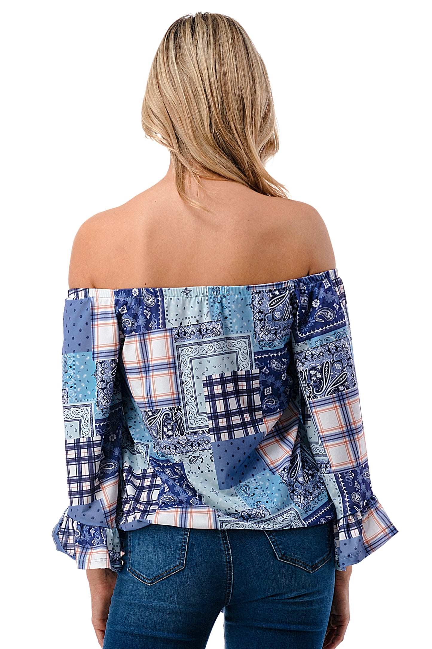 HARRIET OFF SHOULDER TOP (BLUE PATCH WORK)- VT2509
