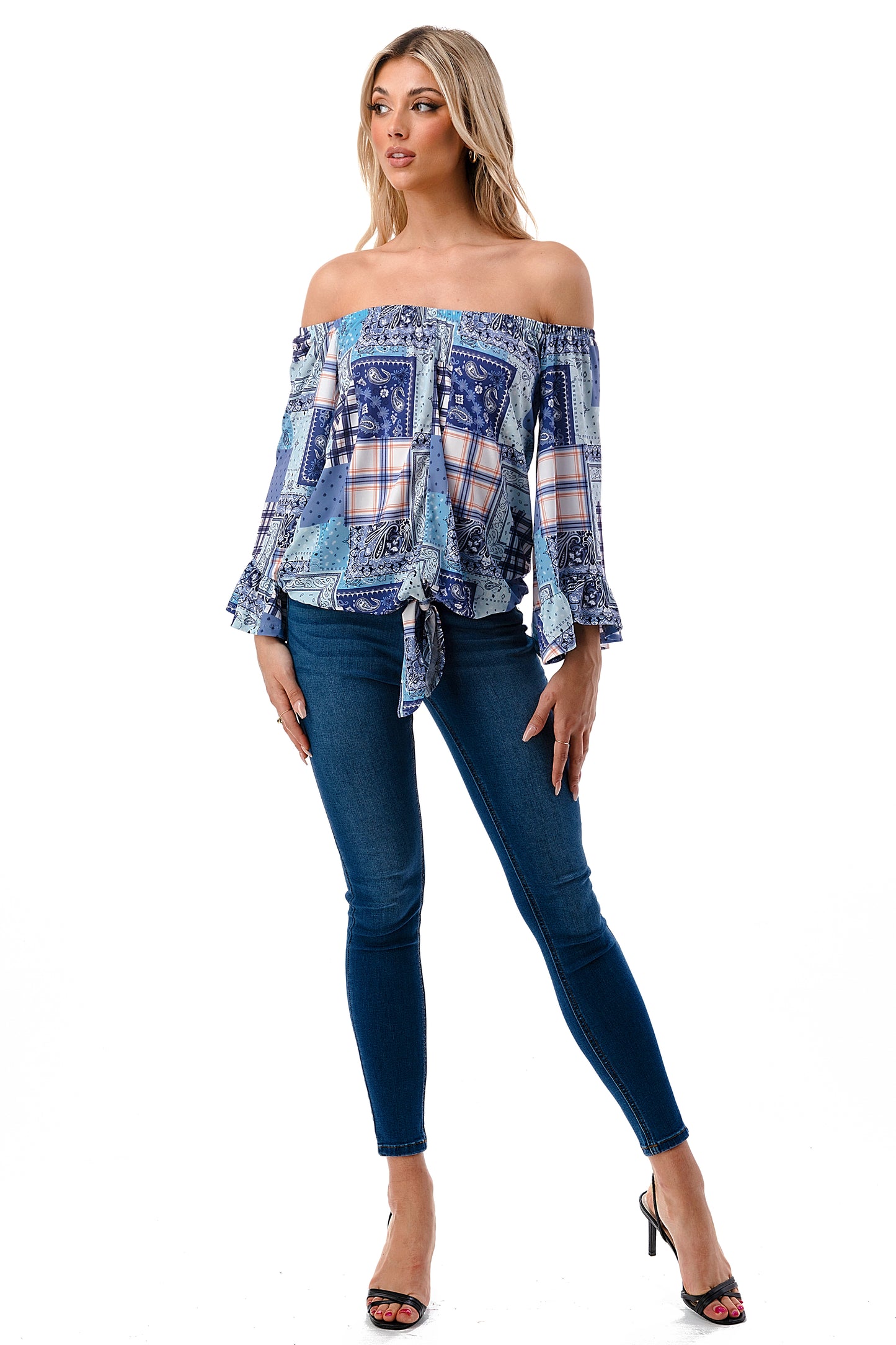 HARRIET OFF SHOULDER TOP (BLUE PATCH WORK)- VT2509