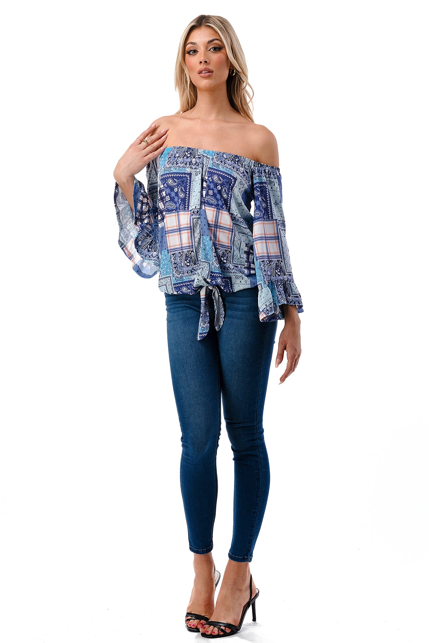 HARRIET OFF SHOULDER TOP (BLUE PATCH WORK)- VT2509